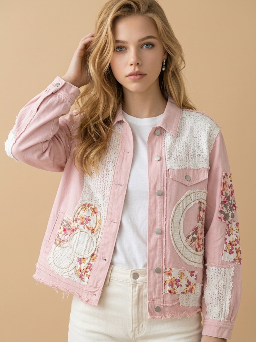POL Blush Pink Patchwork Denim Jacket